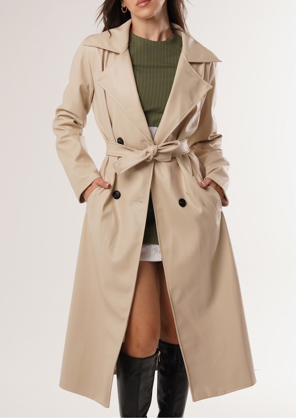 a) Thin Trench Leather Coat
